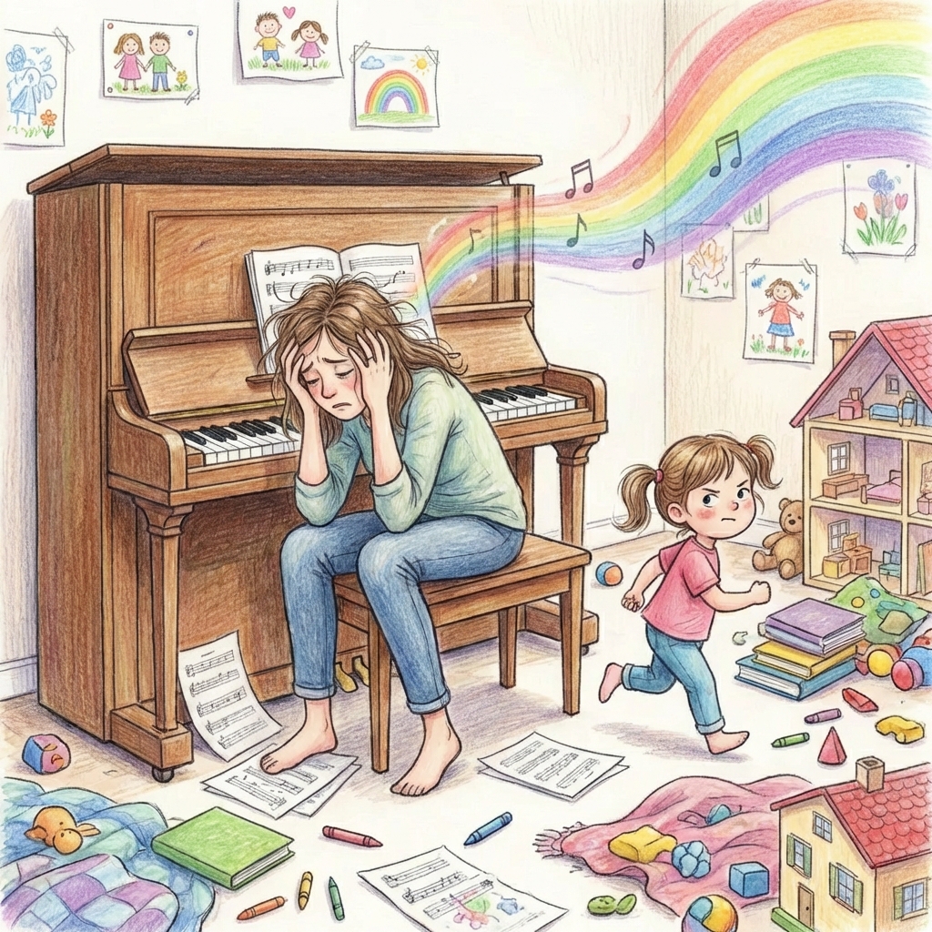 ピアノの練習を嫌がる子供と困り果てる母親